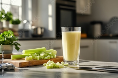 Creamy celery smoothie in a tall glass on a wooden cutting board with freshly chopped celery, set in a bright kitchen with natural light photo