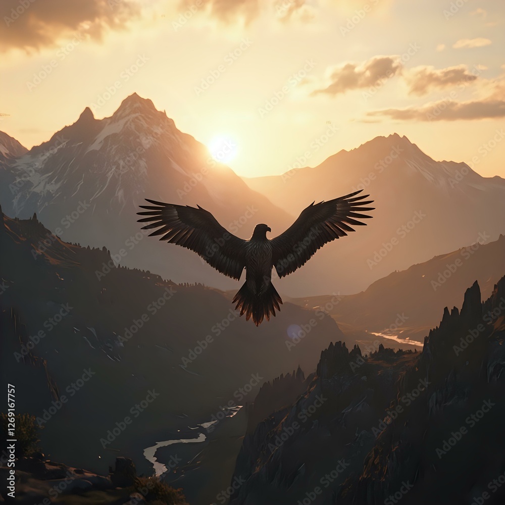Obraz premium A majestic eagle soars through the air over a mountainous landscape at sunset, its wings spread wide, with a river and silhouetted mountains in the foreground.