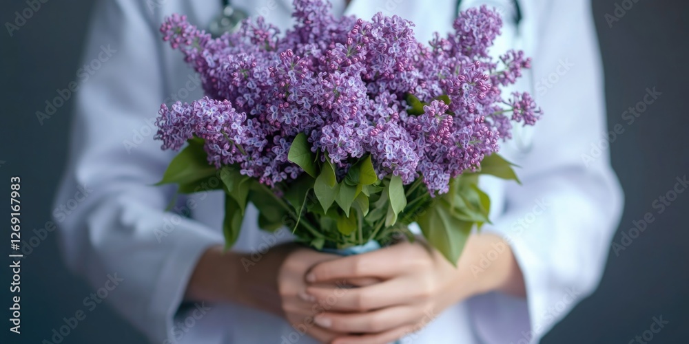 A woman holds a beautiful arrangement of purple flowers