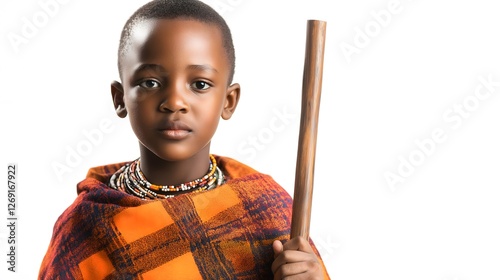 Portrait of young African boy in traditional orange tribal clothing holding wooden staff, authentic cultural photograph showing heritage and tradition isolated on white background photo