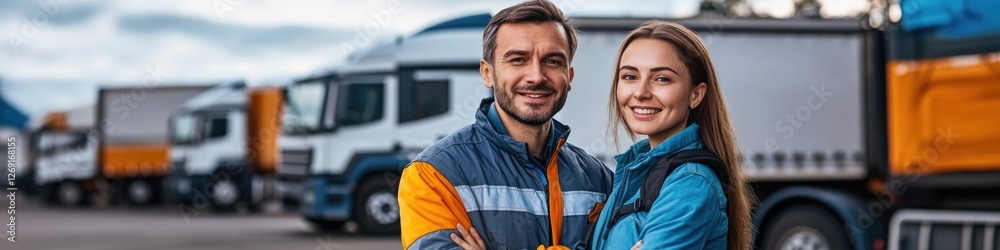 A pair of people standing next to a vehicle, possibly waiting for something or discussing A pair of people standing next to a vehicle, possibly waiting for something or discussing