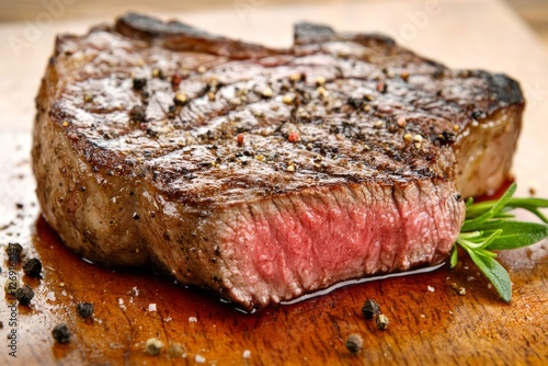 Delicious Grilled Steak on Wooden Board with Herbs photo