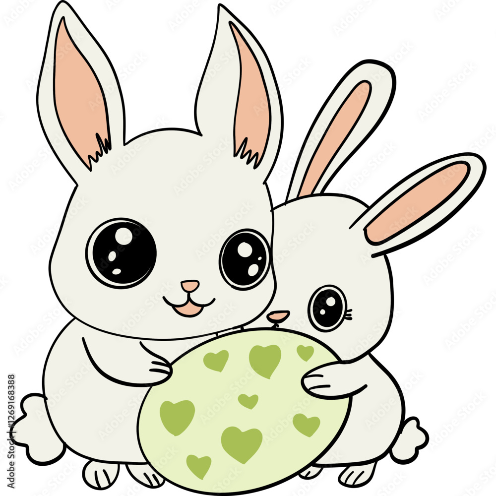 Obraz premium Easter Theme, Cute bunnies holding a decorated egg with hearts.
