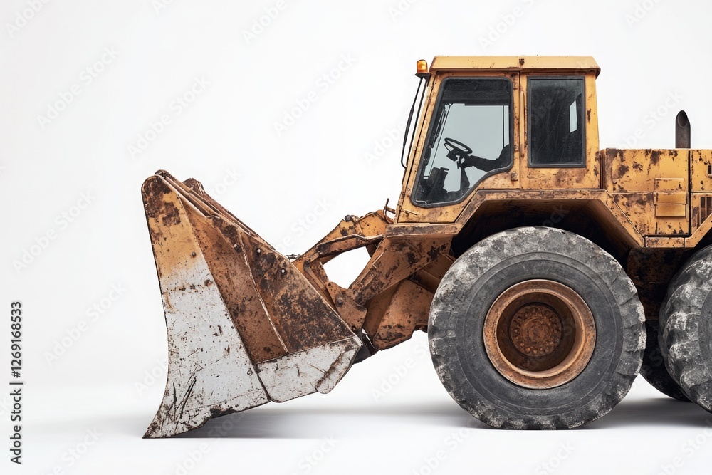 Fototapeta premium A yellow bulldozer sits on a smooth white surface, ready for action