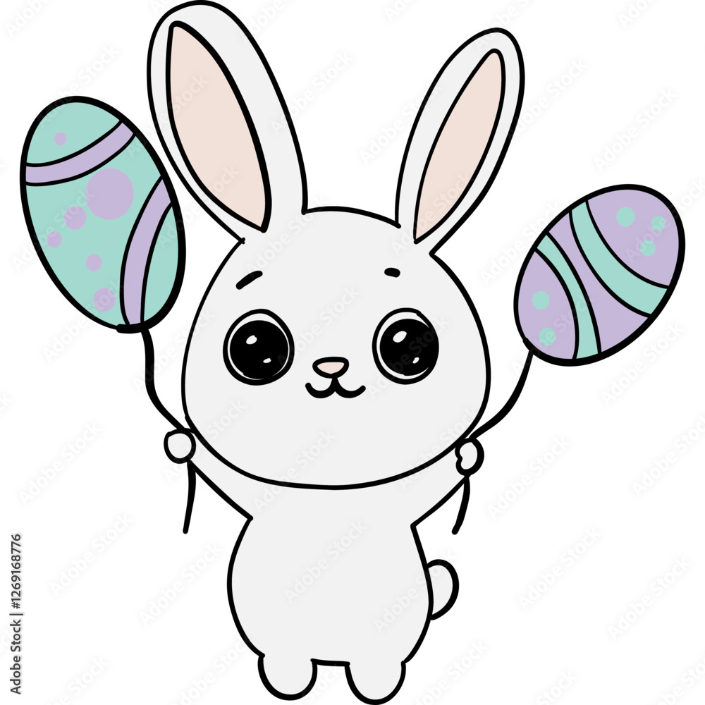 Fototapeta premium Easter Theme, Cute cartoon bunny holding colorful Easter eggs.