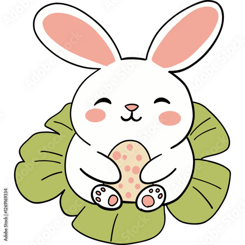Easter Theme, Cute cartoon rabbit holding an egg surrounded by green leaves.