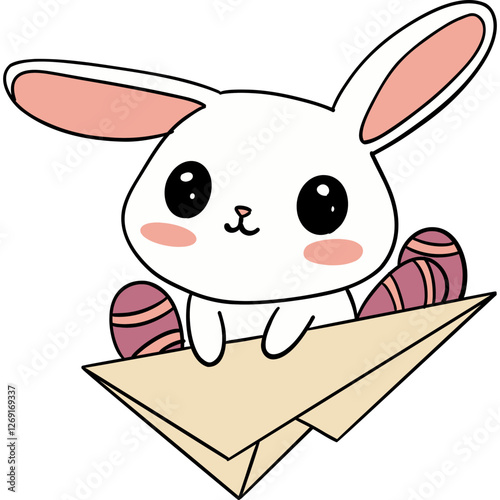 Easter Theme, Cute cartoon bunny sitting on a paper plane with colorful eggs.