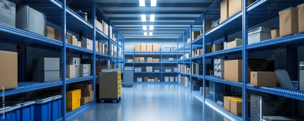 Fototapeta premium Warehouse Storage Rows of Boxes, Interior View