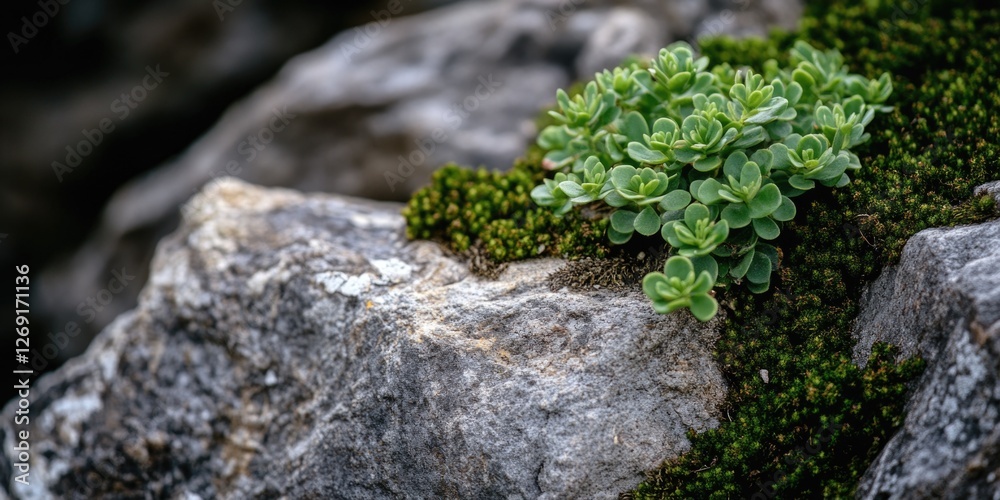 A tiny green plant is growing out of a rocky surface, with some soil and roots visible A tiny green plant is growing out of a rocky surface, with some soil and roots visible