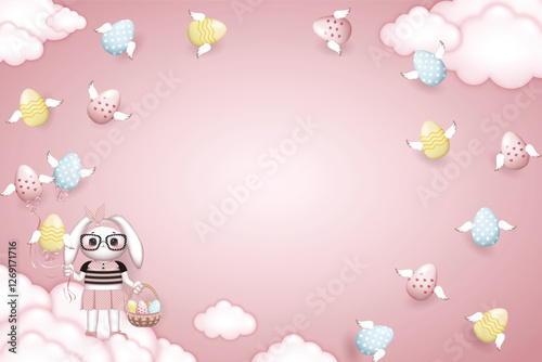 Happy Easter frame, dressed Bunny girl in glasses holds a basket of Easter eggs on pink background with winged easter eggs and clouds, free space in the middle of illustration