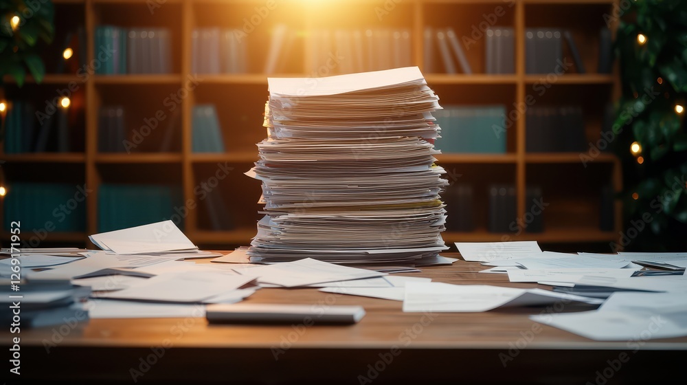 Abandoned office desk with scattered papers Concept, Abandoned Workspace with Dusty Desk Covered in Scattered Papers and Documents Under Warm Soft Lighting Abandoned office desk with scattered papers Concept, Abandoned Workspace with Dusty Desk Covered in Scattered Papers and Documents Under Warm Soft Lighting