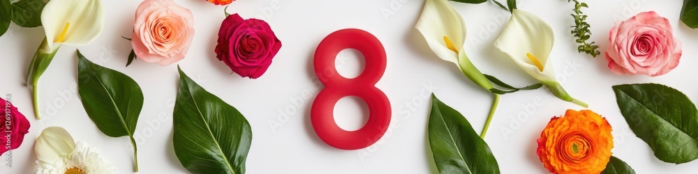 A stylized representation of the number eight surrounded by lush greenery and colorful flowers A stylized representation of the number eight surrounded by lush greenery and colorful flowers