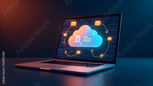 Computer laptop cloud storage, Computer laptop and dashboard for Data document Management System on cloud online documentation database and digital file storage system or software, records keeping