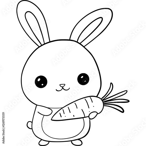 Cute bunny holding a carrot in a simple black and white illustration. outline for coloring .
