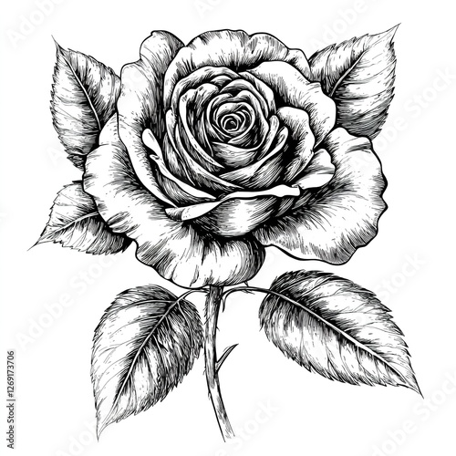 Wallpaper Mural Detailed Black and White Drawing of a Rose in Full Bloom with Intricate Shading and Fine Lines Capturing the Texture and Depth of Petals and Leaves Torontodigital.ca