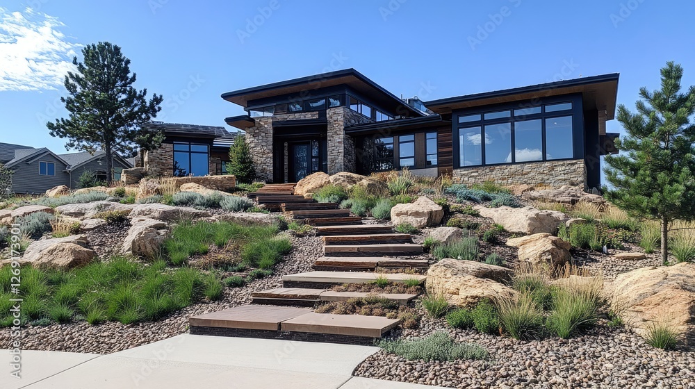 Fototapeta premium A striking front yard rock garden with multi-layered stone terraces and a mix of evergreen plants.