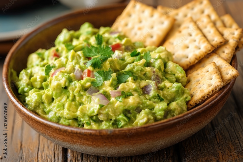 Fresh guacamole and crackers served on a table, perfect for snacking or appetizer Fresh guacamole and crackers served on a table, perfect for snacking or appetizer