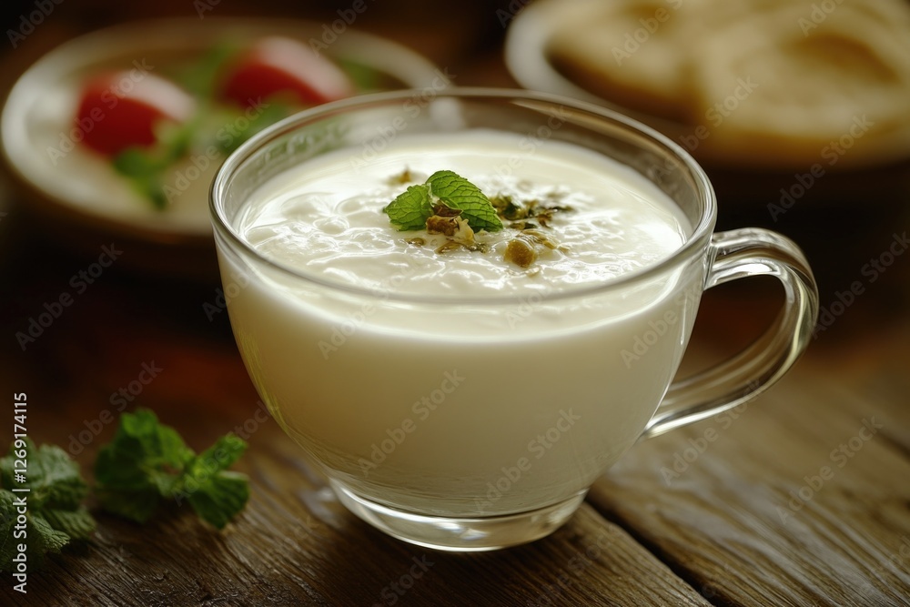 A refreshing glass of milk topped with a sprig of fresh mint leaves A refreshing glass of milk topped with a sprig of fresh mint leaves