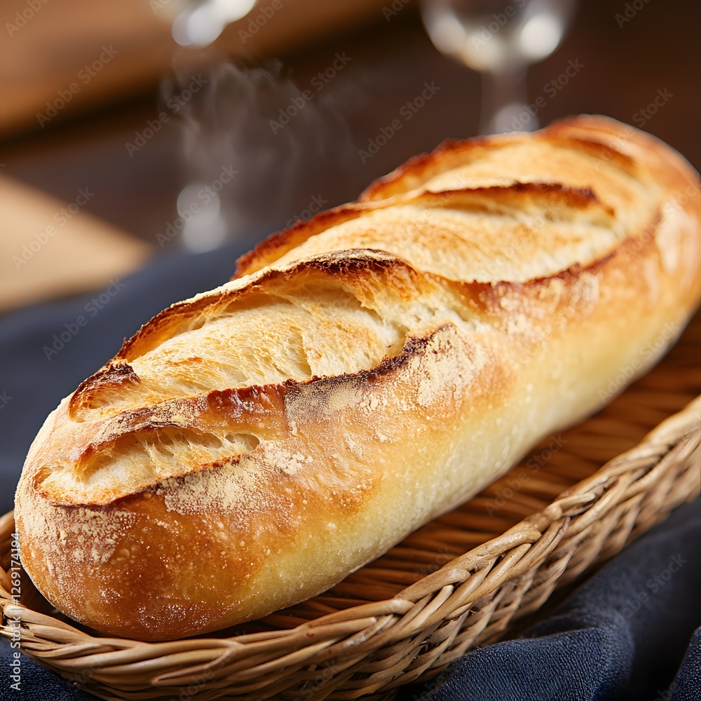 Steaming baguette, wicker basket, table, restaurant background, food photography Steaming baguette, wicker basket, table, restaurant background, food photography