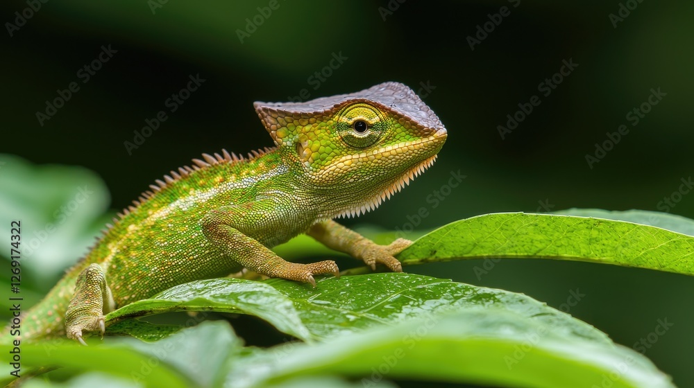 Fototapeta premium Lizard climbing on leaves tropical forest wildlife photography green environment close-up view nature's beauty