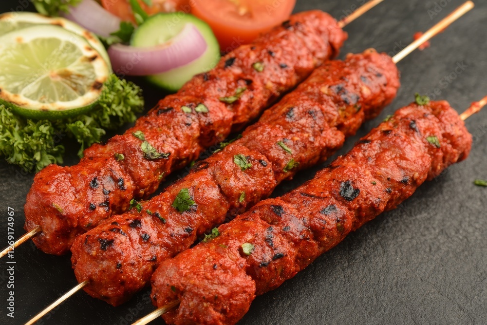 Delicious Spicy Red Meat Seekh Kebabs on Skewers Delicious Spicy Red Meat Seekh Kebabs on Skewers