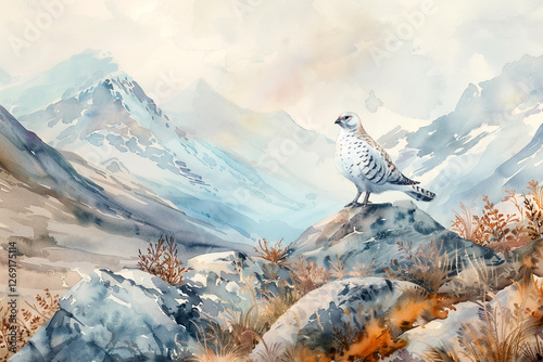 serene watercolor scene of bird perched on rock in mountainous landscape, showcasing nature beauty and tranquility