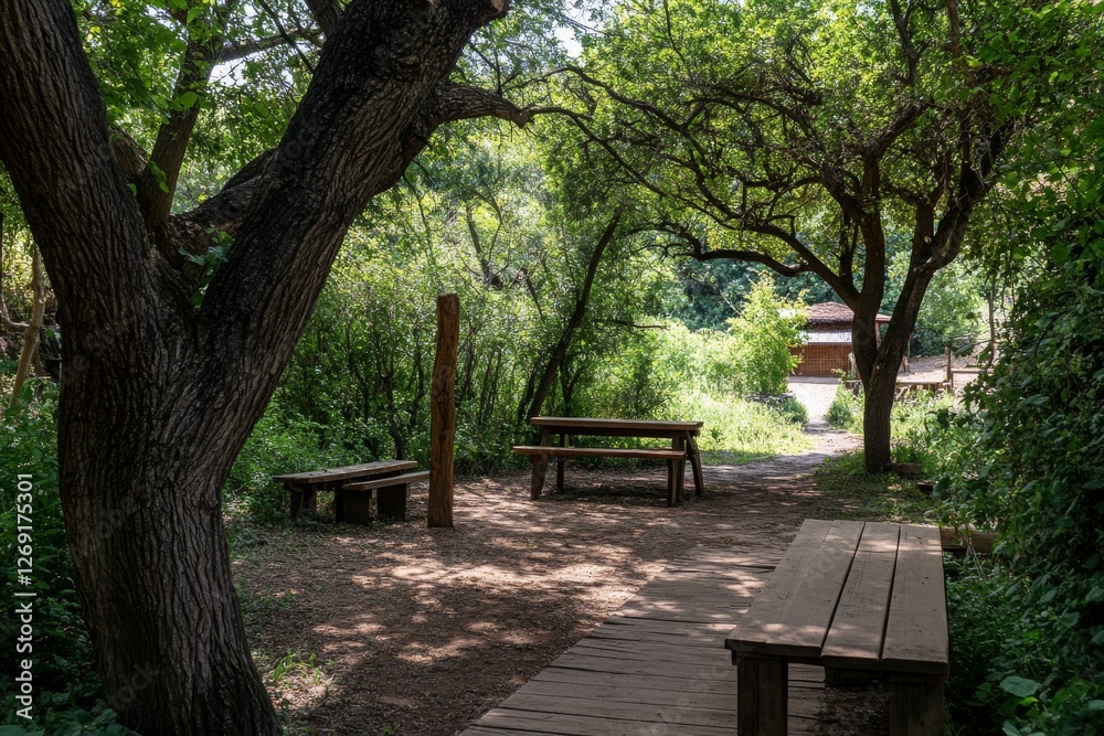 Peaceful Wooden Picnic Tables in a Shady Green Park Peaceful Wooden Picnic Tables in a Shady Green Park