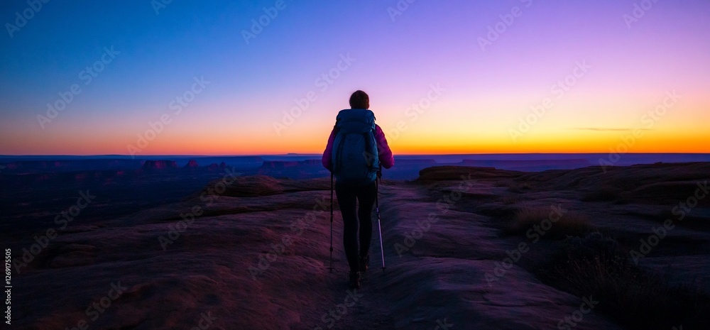 Solo trekker silhouetted against vibrant desert sunrise adventure awaits Solo trekker silhouetted against vibrant desert sunrise adventure awaits