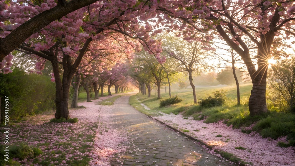 Sunlit pathway lined with blooming cherry trees Sunlit pathway lined with blooming cherry trees