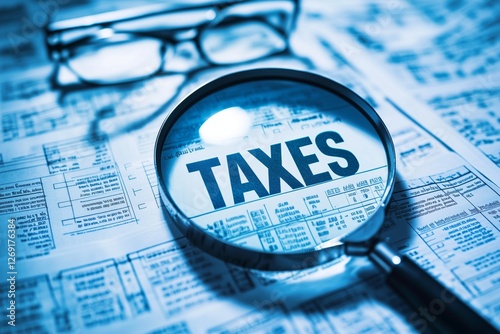 Tax Taxes File Reform Evasion Plan. Tax files being examined with a magnifying glass 