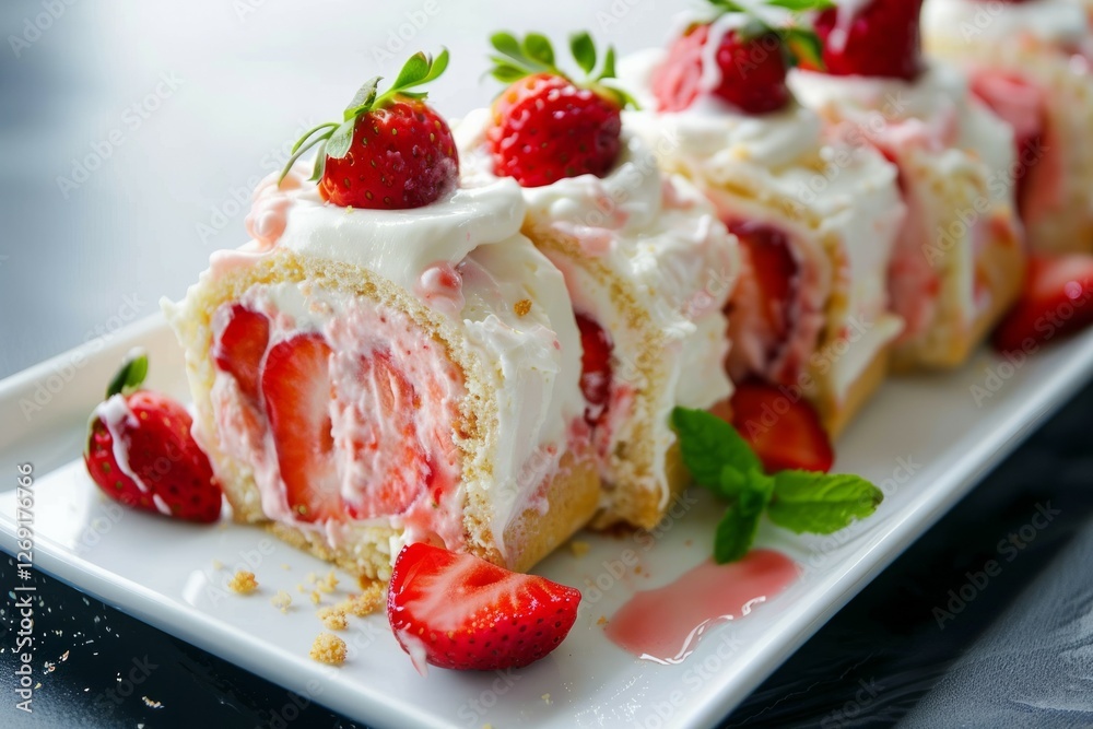 Strawberry cream cake roll on wooden board. AI image Strawberry cream cake roll on wooden board. AI image