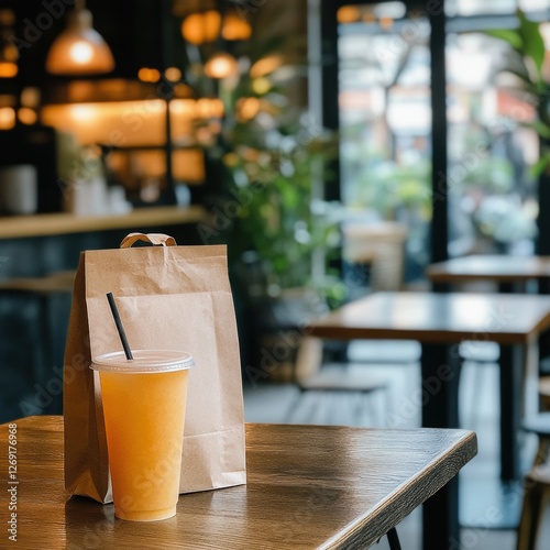 The takeway bag kept next the oloong peach tea drink can in the cafe.