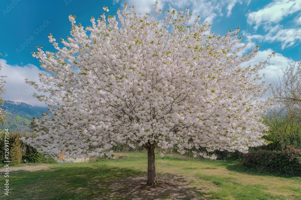A tree with white flowers standing tall in a lush green grassy area A tree with white flowers standing tall in a lush green grassy area
