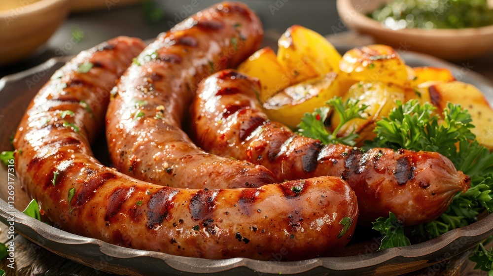 Grilled bratwurst sausages and crispy roast potatoes garnished with fresh herbs, served on a plate for a delicious and filling lunch. Grilled bratwurst sausages and crispy roast potatoes garnished with fresh herbs, served on a plate for a delicious and filling lunch.