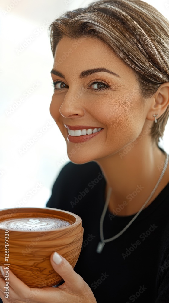 a corporate woman drinking a cup of ceremonial cacao coffee in a wooden cup. She is laughing and appears energetic and upbeat. She is happy and the background is bright. a corporate woman drinking a cup of ceremonial cacao coffee in a wooden cup. She is laughing and appears energetic and upbeat. She is happy and the background is bright.