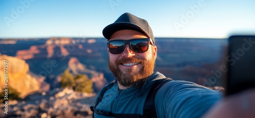 Grand Canyon adventure capture, smiling traveler takes scenic desert selfie photo