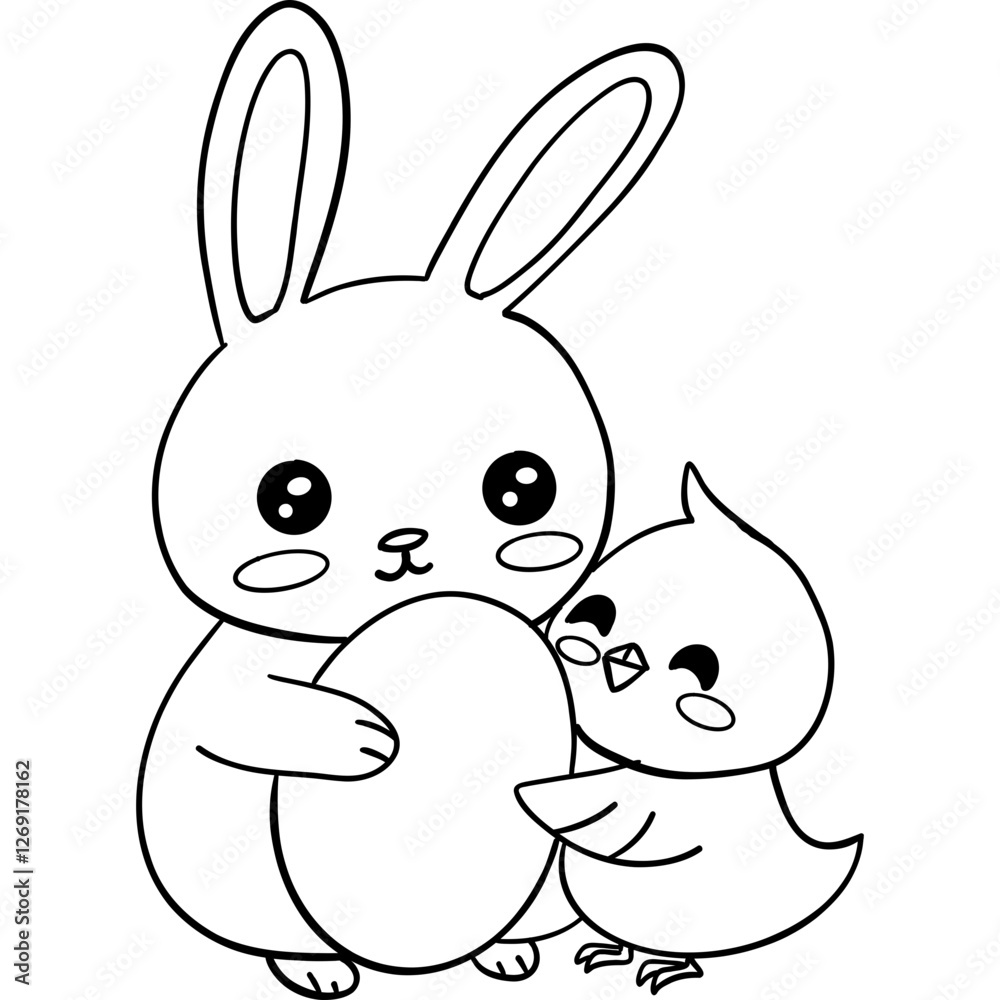 Easter Theme, Cute bunny and chick holding an egg together in a playful scene. outline for coloring . Easter Theme, Cute bunny and chick holding an egg together in a playful scene. outline for coloring .