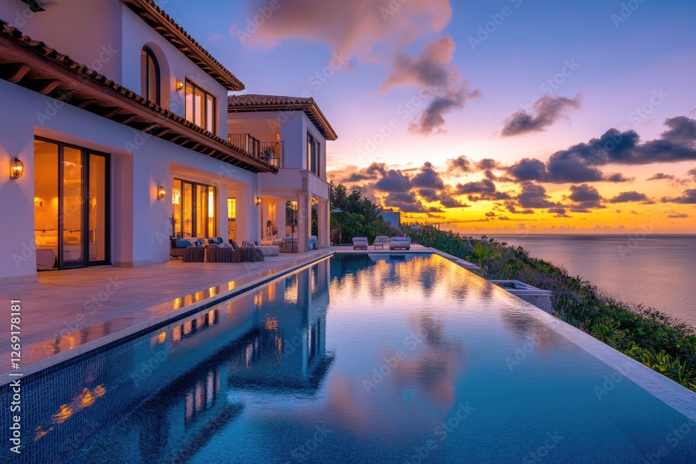 A large swimming pool located in front of a single-family house A large swimming pool located in front of a single-family house