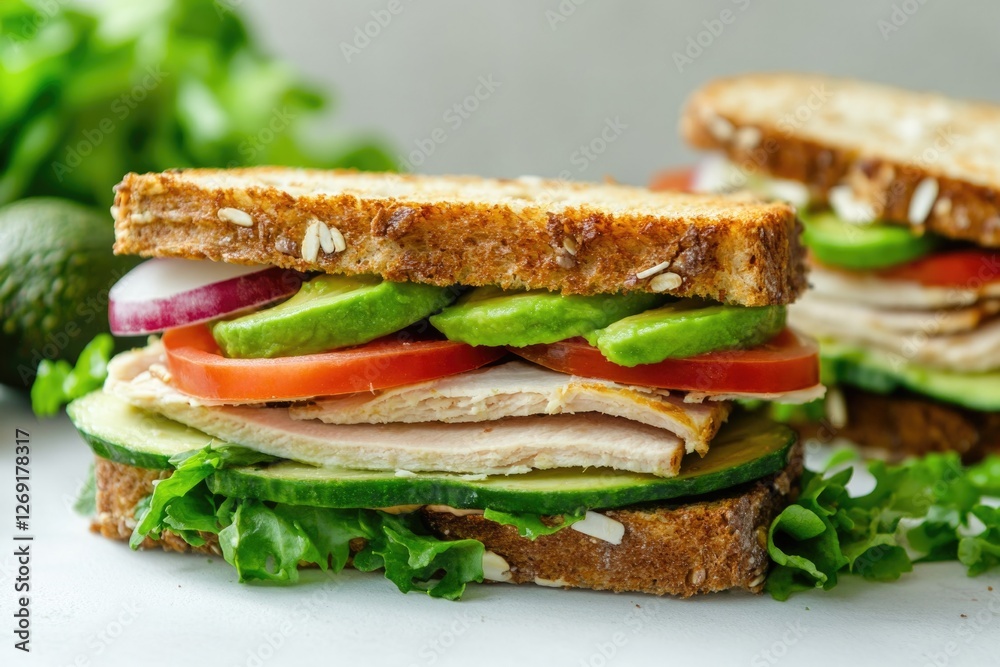 A tasty looking sandwich with various meats and veggies, great for food or lifestyle photography A tasty looking sandwich with various meats and veggies, great for food or lifestyle photography
