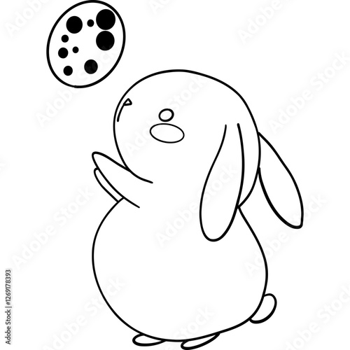 Easter Theme, Cute bunny reaching for a cookie in a playful scene. outline for coloring .