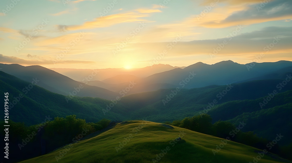 Fototapeta premium Breathtaking sunrise over green mountains, showcasing vibrant colors and serene nature, perfect for landscapes and travel themes.