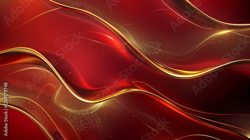 Abstract luxury red and gold background featuring a modern design with golden wave patterns.