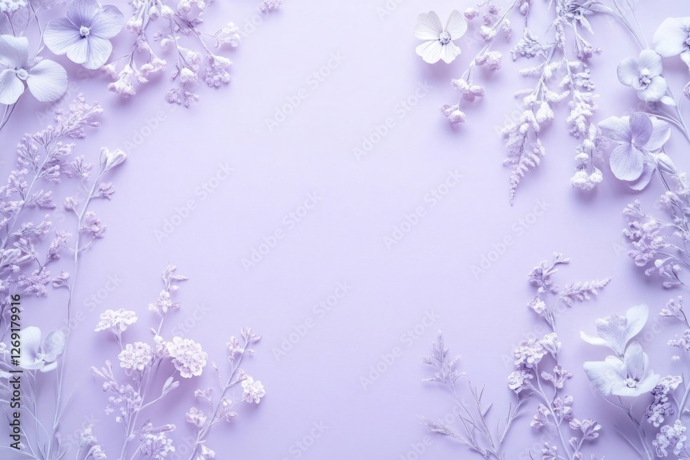 A still life image of white flowers and leaves on a deep purple background A still life image of white flowers and leaves on a deep purple background