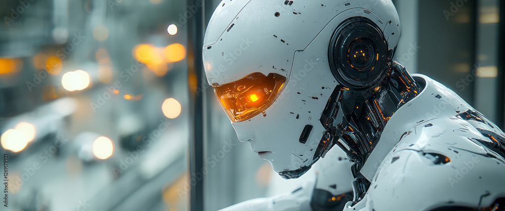 Fototapeta premium Futuristic Humanoid Robot Gazing at City Lights