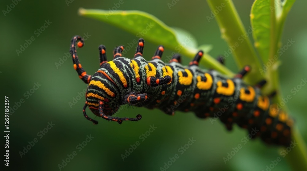 Vividly Colored Caterpillar with Yellow and Black Stripes and Red Dot Vividly Colored Caterpillar with Yellow and Black Stripes and Red Dot