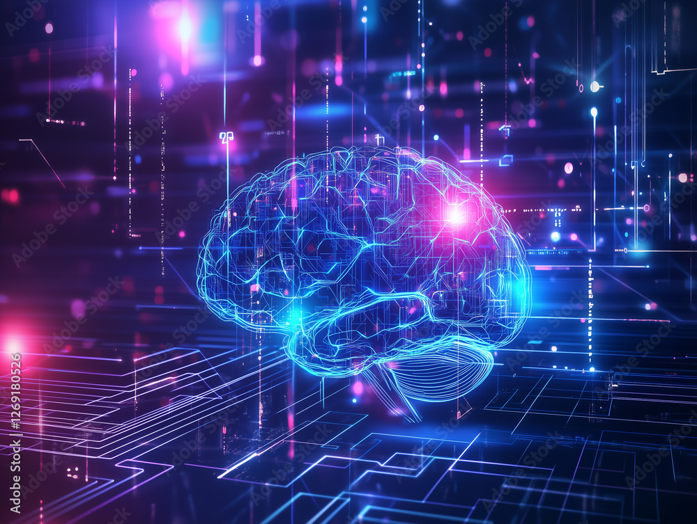 Futuristic AI concept with a glowing neural network brain, data streams, and digital technology elements. Artificial intelligence and machine learning visualization. Futuristic AI concept with a glowing neural network brain, data streams, and digital technology elements. Artificial intelligence and machine learning visualization.