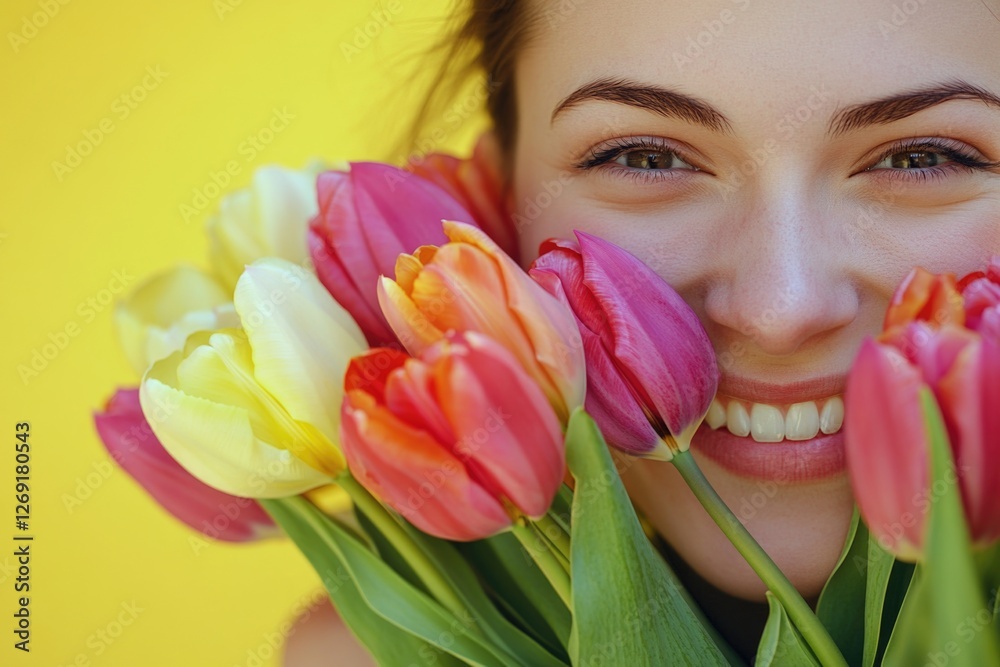 A woman hiding behind a bouquet of flowers, possibly feeling embarrassed or shy A woman hiding behind a bouquet of flowers, possibly feeling embarrassed or shy