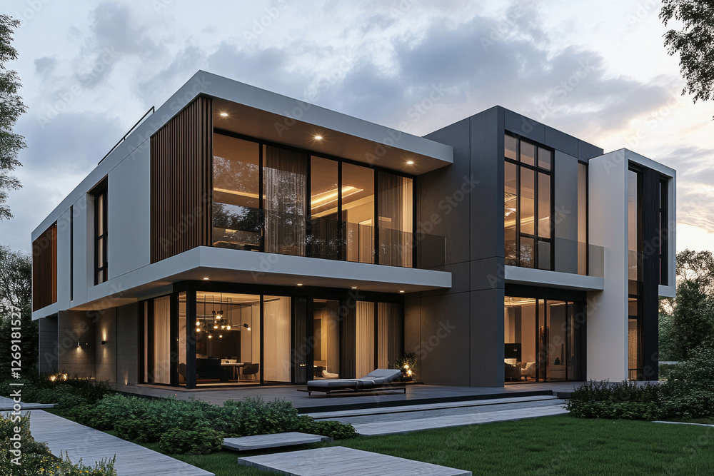 Luxury Modern Mansion with Sleek Architecture and Elegant Exterior at Sunset Luxury Modern Mansion with Sleek Architecture and Elegant Exterior at Sunset