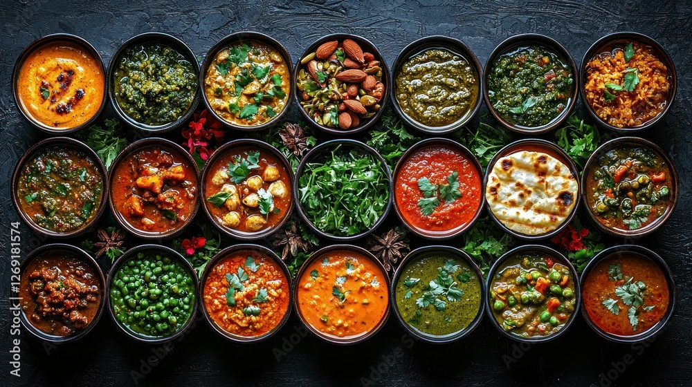 Assorted Indian curries, spices, and flatbread, dark background, food photography, recipe illustration Assorted Indian curries, spices, and flatbread, dark background, food photography, recipe illustration