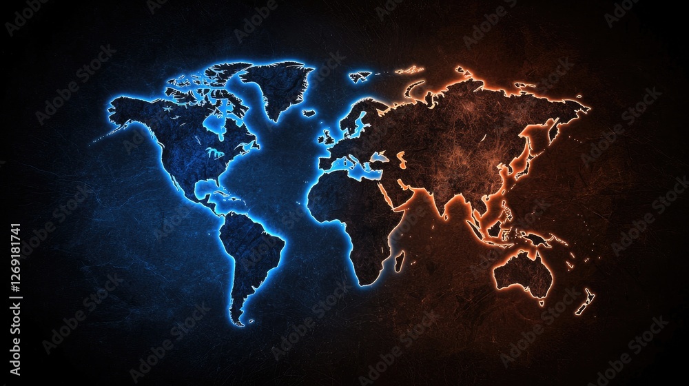 Naklejka premium Global map visualization digital art technology dark background high-contrast geopolitical concept
